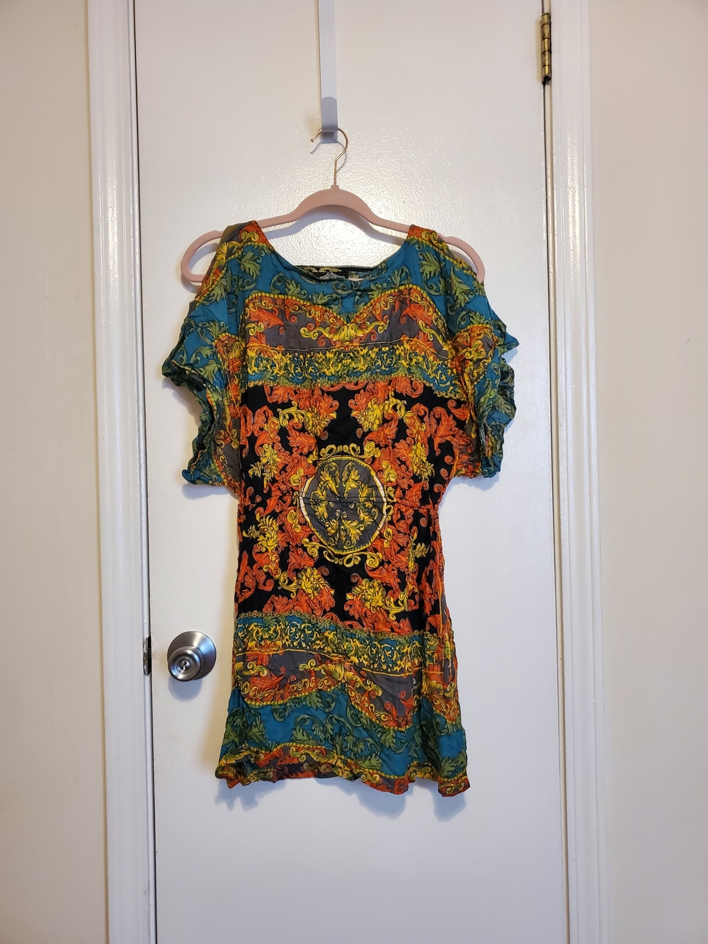 Angie Teal, Orange & Black Boho Cold-Shoulder Tunic